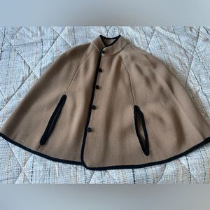 J.Crew Vintage Tan Camel Black-Trim 100% Merino Wool Cape Poncho
